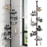 EXLECO 7 Ablagen Teleskop Duschregal Ohne Bohren Duschablage Stange 78-308cm Rustproof Teleskopregal Dusch Regal Bad Eckregal Badezimmer Organizer mit Handtuchstange Bürstenhalter Seifendose Schwarz