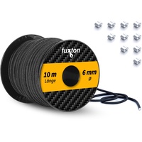 fuxton® Gummiseil (6mm x 10m + 10 Würgeklemmen), Expanderseil, Gummileine, Bungee Cord Marine, Spanngummi Meterware, schwarz