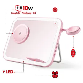 forcell Forcell, 3-in-1 Magnetische Ladestation MagSafe und Qi2 mit LED-Spiegel 15W, Rosa