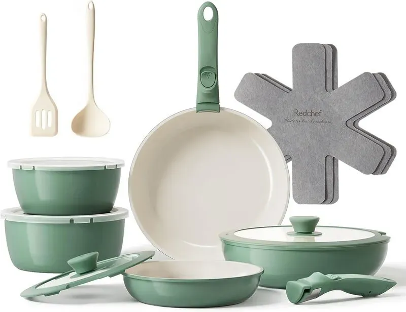 【super deal】Redchef 16-teiliges Kochgeschirr-Set aus Keramik mit abnehmbarem Griff, Außengrün & Innenweiß, enthält 18 cm/20 cm-Saucentöpfe und 20 cm/26 cm-Topfe sowie einen abnehmbaren Griff und Topfuntersetzer, frei von PTFE/PFAS/PFOA, spülmaschinengeeignet