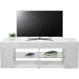 Mendler HWC-L36 TV-Rack 50x144x40cm Hochglanz Weiß Holz/Glas/Spanplatte