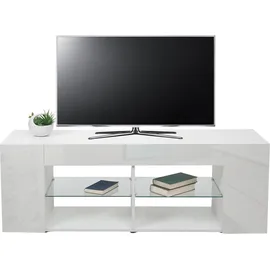 Mendler HWC-L36 TV-Rack 50x144x40cm Hochglanz Weiß Holz/Glas/Spanplatte