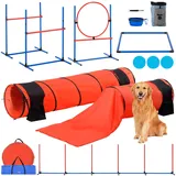 Vevor Agility Set Hunde, 7-teiliges Upgrade-Set mit verstellbaren hohen Hürden, 6 Slalomstangen, 2 Tunneln, Sprungring, Pausenbox, 3 Frisbees, Pfeife, Faltbarer Schüssel, Hindernisparcours-Set