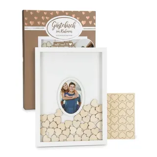 Topshop24you Gästebuch Hochzeit im Bilderrahmen mit 72 Holzherzen zum Beschriften - Hochzeitsgästebuch, MDF Holzrahmen Weiß, 43x31 cm (Herzen)