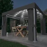 GuyAna Pavillon mit Vorhängen & LED-Lichterkette Pavillon Beleuchtung Partyzelt Gartenpavillon Pavilliondach Gazebo Canopies 3x3 m Anthrazit