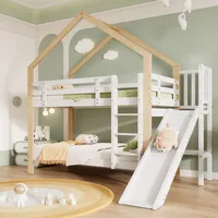 Flieks Etagenbett mit Rausfallschutz, Kinderbett mit Rutsche und Leiter, Hochbett mit Lattenrost, Hausbett Massivholzbett Stockbett 90x200cm, Weiß - Weiß