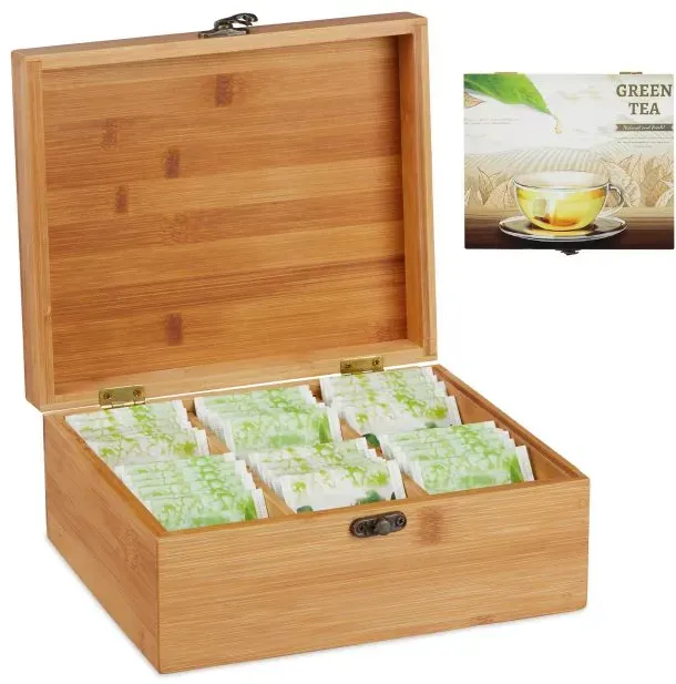 Relaxdays Teebox Bambus mit 6 Fächern Hellbraun