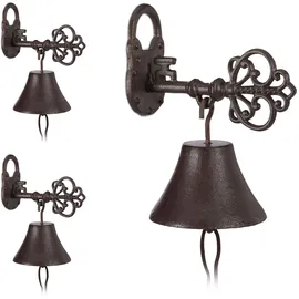 Relaxdays 3 x Türglocke Gusseisen, Schlüssel Dunkelbraun