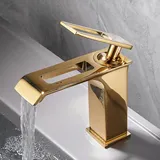 ZYCDP Waschbeckenarmatur Wasserfall, Badarmatur Waschtisch Armatur Warmes und Kaltes Wasser, Einhandmischer Armatur Waschbecken aus Messing, Gold