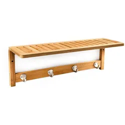 Relaxdays Wandregal mit Hakenleiste, HxBxT:18x50x16cm, 4 Haken, Ablage, Handtuchhalter, Bambus, Holz, natur