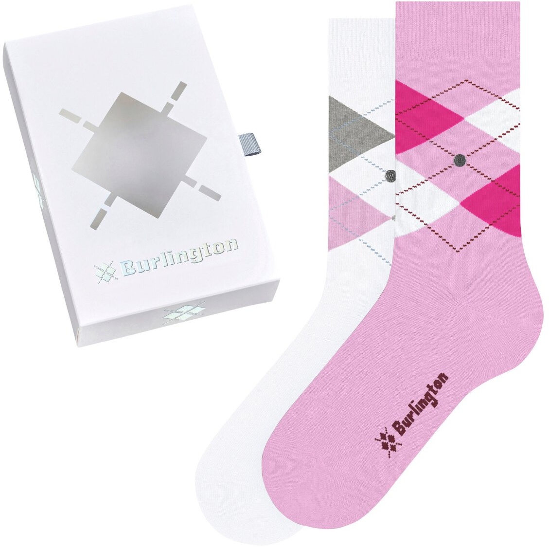 Burlington Damen Socken, 2er Pack - Geschenk-Set, Argyle, Raute, Onesize Pink/Weiß 36-41