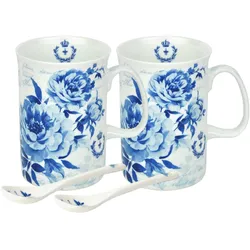 2 Teetassen + Löffel blau Rosen Dekor Tassen Teebecher Geschenk Porzellan
