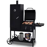 Syntrox Germany Smoker Klavor mit Räucherofen, BBQ-Grill, Holzkohlegrill. Smokergrill, Stahl, Stahlblech mit Feuerschutzlack, Grillkammer und Räucherkammer, Holzgriffe, Aschetür mit Riegelverschluss