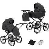 KUNERT Kinderwagen ROMANTIC retro Sportwagen Babywagen Autositz Babyschale Komplettset Kinder Wagen Set 2 in 1 und 3 in 1 (anthrazit- schwarz rahmen, 2in1)