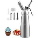 Peviasot Sahnespender, 500 ml Sahnespender mit 3 Edelstahldüsen und 1 Reinigungsbürste, Professionelle Sahnesyphon für Nachspeisen, Auslaufsicher Schlagsahnebereiter für Desserts Gebäck, Aluminium