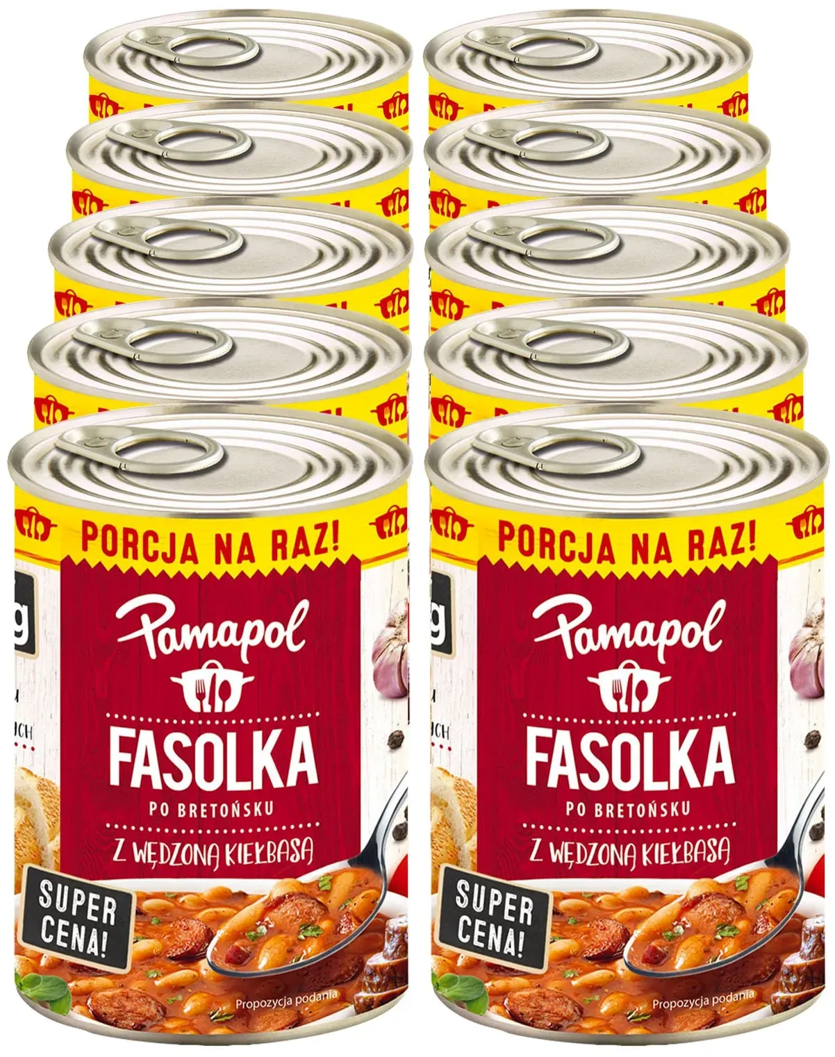 Pamapol "Fasolka" Weiße Bohnen mit Würstchen in Tomatensauce 380g, 10er Pack