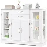 Küchenschrank Aufbewahrungsschrank Mit Gehaerteten Glastüren Und Schubladen, Konsolentisch Sideboard Aus Holz, Küchekommode Freistehender Schrank, Buffetschrank Beistellschrank Weiss - Costway