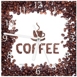 Wallario Wanduhr Kaffee Schrift aus Kaffeebohnen (Glasuhr) weiß 20 cm x 20 cm