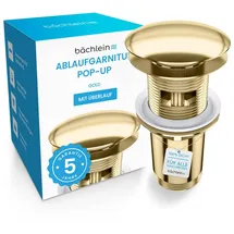 Bächlein Universal Ablaufgarnitur mit Überlauf (Gold) - Pop Up Ventil für Waschbecken und Waschtisch – Ablaufventil Abflussgarnitur aus Messing mit Einbauanleitung