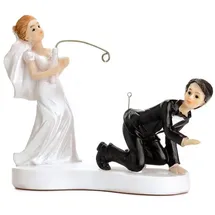 Partydeco Tortenfigur Hochzeit 13cm Brautpaar mit Angel - Hochzeitstorte Deko Tortendeko Tortenaufsatz Cake Topper - Hochzeitsdeko Torte - Hochzeitstortenfiguren Weiß Schwarz