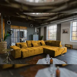 KAWOLA Sofa NEVADA Ecksofa Velvet curry Recamiere rechts mit motorischem Sitzvorzug