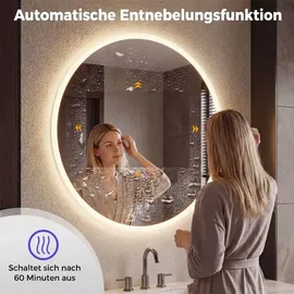 Costway Runder Spiegel, Wandspiegel mit Beleuchtung, Badspiegel mit 3 Lichtfarben, stufenlose Dimmung, Anti-Beschlag, Badezimmerspiegel,70 cm