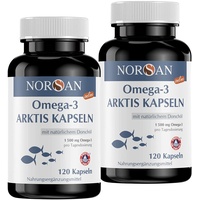 NORSAN Premium Omega 3 Arktis Dorschöl Kapseln 2x120 Kapseln / 1.500mg Omega-3 pro Portion/Omega 3 Kapseln hochdosiert mit 480mg EPA & 720mg DHA/Fischöl Kapseln aus nachhaltigem Anbau