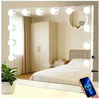 Nettlife Schminkspiegel Licht 50x40cm Spiegel 3 Farben USB Touch-Steuerung Hollywood Spiegel (3-farbig einstellbares Licht mit Memory-Funktion, 1-St., Touchscreen), 5 Facher Vergrößerung Spiegel USB Anschluss für Ankleidezimmer silberfarben Eckig-B | 12 cm x 40 cm
