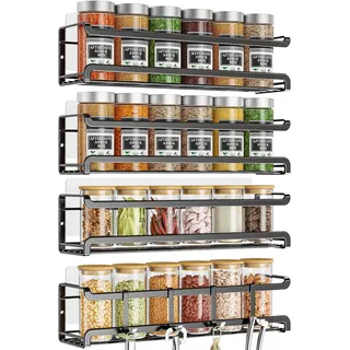 trayindaly Gewürzregal Wand, 4er Metall Gewürz Organizer, Selbstklebend Spice Rack, Gewürzregal Ohne Bohren, Gewürzständer Schwarz, Gewürzregal Hängend für Küchenablage Schranktür