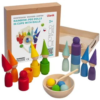 Ulanik Große Regenbogen Steckpuppen und Bälle in Tassen Montessori Spielzeug ab 3 Jahre + Waldorf Puppen Sensorik Holzspiele zum Farben Lernen — 7 Zwerge