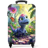 NoBoringSuitcases.com Kinderkoffer, Kinder Koffer, Koffer Kinder, Kinder Reisekoffer, Cabin Max 55x40x20, Trolley, Handgepäck Koffer, Koffer S, Handgepäck 55x40x20 cm (Dino - Blau-Rosa)