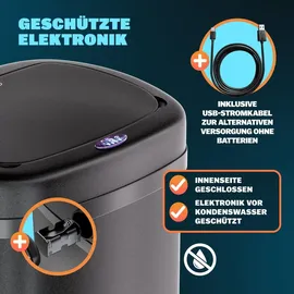 monzana MONZANA® Edelstahl Mülleimer Küche 58 L Automatik mit Bewegungssensor Soft-Close-Deckel Wasserdicht USB-Kabel Smarter Abfalleimer Müllbehälter Schwarz