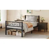 VASAGLE Bett 90 x 200 cm, Gästebett, Einzelbett aus Metall, Bettgestell, Bettrahmen, Metallbett, einfache Montage, tintenschwarz