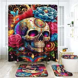 Fadaing Totenkopf Duschvorhang 180 x 200 180 x 180 Schädel Muster Gothic Duschvorhänge Wasserdichtes Polyeste Skull Duschvorhang Badezimmermatte 4-teiliges Set (200 x 240 cm,10)