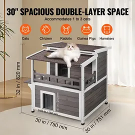Vevor Katzenhaus für draußen, wetterfest, Unterschlupf für Wildkatzen für mehrere Katzen, großes 2-stöckiges Katzenhaus aus Holz für draußen mit Balkon, Türen, PVC-Türklappen und offenem Dach, 76,2 cm L x 76,2 cm B x 81,3 cm H