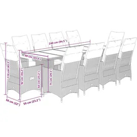 vidaXL 11-tlg. Garten-Bistro-Set mit Kissen Schwarz Poly Rattan