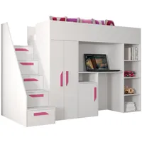 Unique Home Hochbett Kinderbett PAR 14, Inkl. Schreibtisch, Kleiderschrank und Treppe