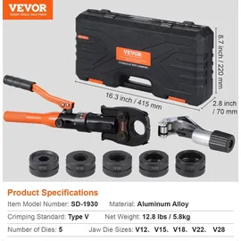 Vevor Hydraulisches Rohr-Crimpwerkzeug für Kupferrohrverbindungen, Presszange mit V12, V15, V18, V22, V28 Schnellwechselbacken, 360° drehbares Pr...