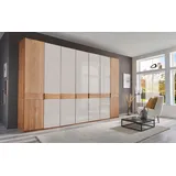 Drehtürenschrank WIEMANN "Cardiff, Massivholztüren in Kombination mit Glas- oder Spiegeltüren", weiß (glas weiß), B:344,2cm H:216cm T:58cm, Floatglas, Holzwerkstoff, Hartfaserplatte, Massivholz, Schränke, hochwertiges Design in langlebiger Qualität, viel Stauraum