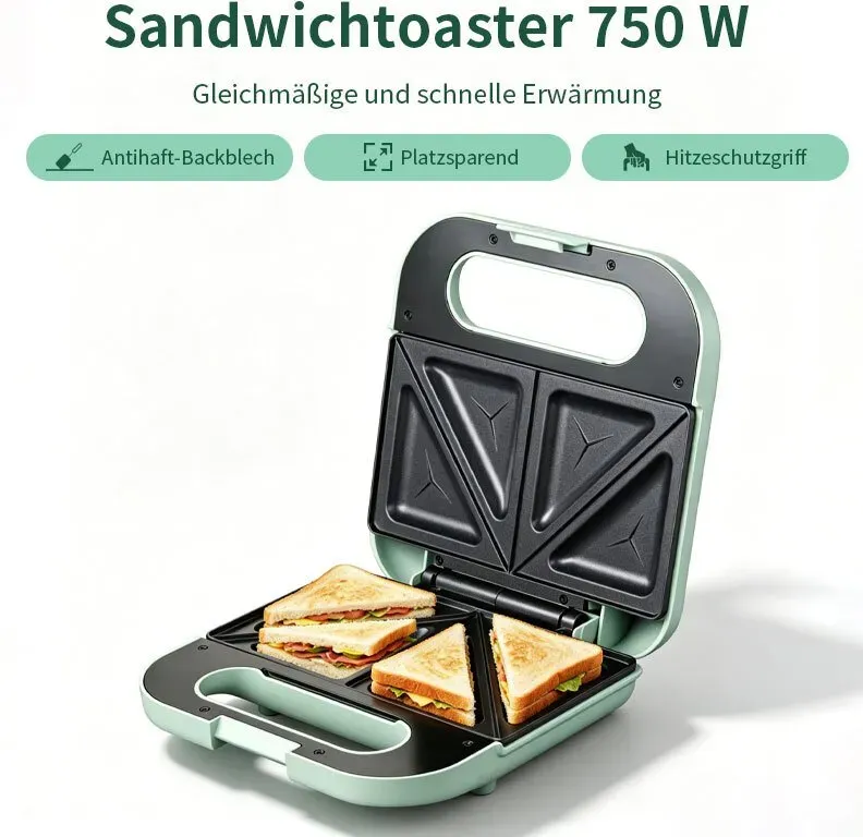 WOOX MX0281 Grüner Sandwichmaker, 750 W Leistung, 2-Scheiben-Modell, gleichmäßige Heizung mit LED-Anzeigeleuchte