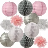 MARELIDA Papierdekoration 12-teilig Laterne grau/weiß/rosa