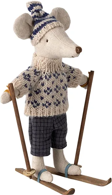 Maileg Wintermaus mit Skiset Papa Stofftier - Blau, inkl. Ski und Stöcke, Winteraccessoire, Geschenkidee
