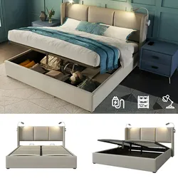 Merax Polsterbett Doppelbett Stauraum Bettkasten Leselicht mit USB Ladefunktion Kopfteil, Leinen 160x200 (Ohne Matratze) Beige