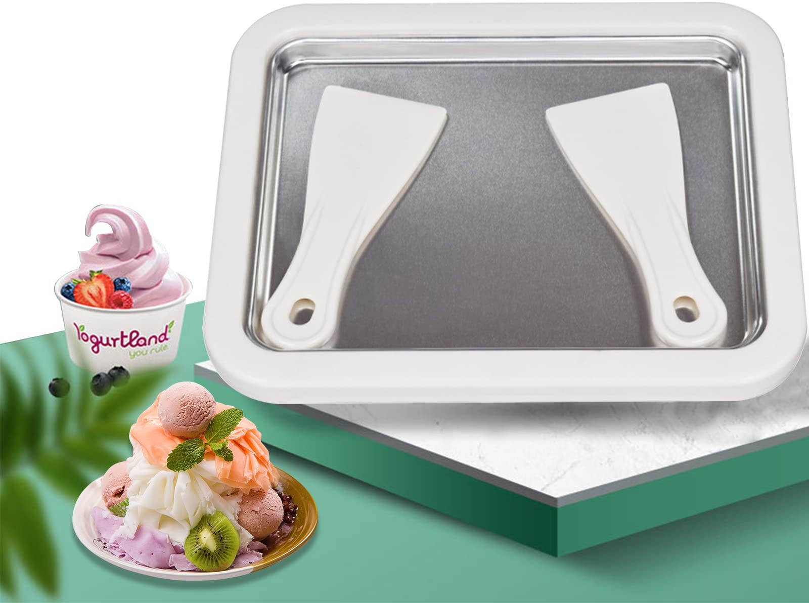 longziming Eisplatte zum eis machen, Platte zum Zubereiten von Ice Cream Rolls aus Speiseeis , Inklusive 2 Schaufeln, Weiss Eisplatte
