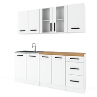 FURNICA - GONZO - Küchenblock - Weiß Matt mit Metallic Arbeitsplatte - 6 Schränke - 200 cm - Vollständig Montierte