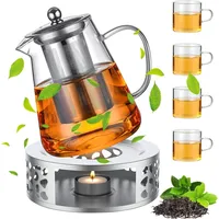 Teekanne mit Stövchen Set, 1300ml Teekanne aus Glas mit Edelstahl Siebeinsatz und 4 Teetassen aus Glas, Hitzebeständig Kaffeekannen Borosilikatglas Teebereiter für Losen Tee Früchtetee & Teebeutel