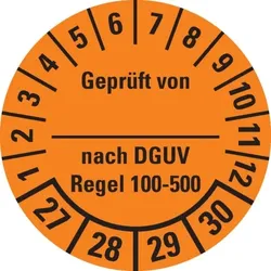 Dreifke® Prüfplakette Gepr.v...DGUV Regel 100-500 27-30,orange,Dokufolie,Ø30mm,18 St/Bogen