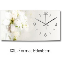 Kreative Feder Funkwanduhr 3D Design-Wanduhr "Weiße Blüte" aus gebürstetem Aluminium (3D-Wölbung; flüsterleises Funkuhrwerk; außergewöhnlich, modern) weiß 80 cm x 40 cm