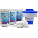 Cristal Multitabs E-Chlor 200g - 3 kg Poolpflege-Set inkl. Dosierschwimmer - 5 in 1 Langzeit-Chlortabletten für kristallklares Wasser - Für Pools ab 25 m3