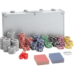 tectake® Pokerset, 300 farbige Chips, 5 Würfel, inklusive verschließbarer Aluminiumkoffer